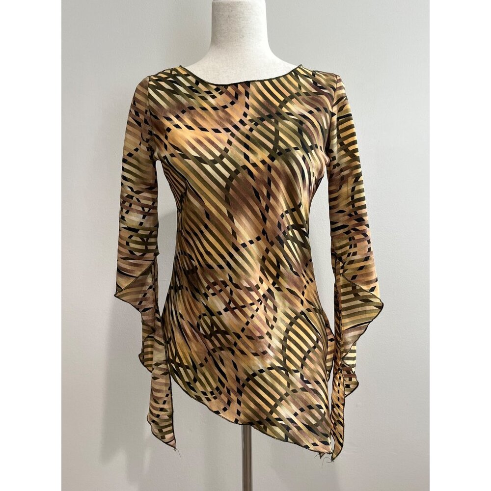 Y2K Zoey Beth Asymmetrical Hem Blouse Womens M Brown Geometric Print
